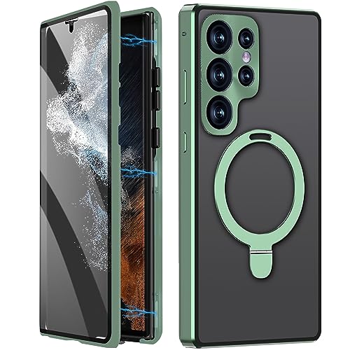 LOXO CASE Hülle für Samsung Galaxy S22 Ultra, Unsichtbarer Ringständer [kompatibel mit MagSafe] Doppelseitiger Magnetischer Adsorptionsmetallrahmen 360 Ganzkörperhülle,Green von LOXO CASE