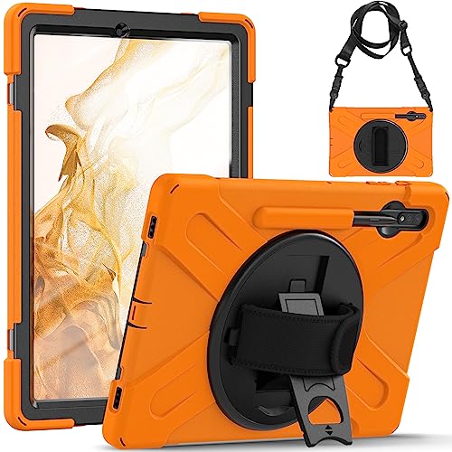 LOXO CASE Hülle für Samsung Galaxy Tab S7 FE/S8 Plus/S7 Plus, Stoßfeste Robust Panzerhülle mit 360 Grad Drehbarer Ständer, Handschlaufe, Schultergurt,Orange von LOXO CASE
