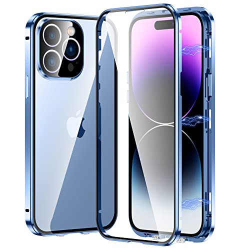 LOXO CASE Hülle für iPhone 14/14 Plus/14 Pro /14 Pro Max, Doppelseitige Schnallen-Telefonhülle, Metall Stoßstange Doppelte Seiten Gehärtetes Glas Handyhülle,Blue,iPhone14 Plus von LOXO CASE