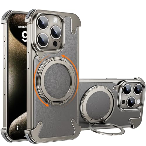 LOXO CASE Hülle für iPhone 15 Pro/15 Pro Max, Rahmenloses Lederdesign, Wärmeableitung [Schutz des Kameraobjektivrahmens Aus Metall] mit Um 360° Drehbarem Ständer,Titanium,15 Pro von LOXO CASE