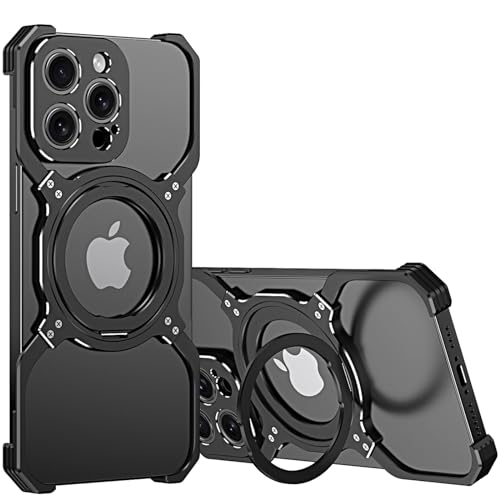 LOXO CASE Metallrahmenloses Hülle für iPhone 15 Pro Max/15 Pro/15, mit 360° Drehbarer Ständer, Militärischer Schutz, Stoßfest, Wärmeableitung,Black,15 Pro Max von LOXO CASE