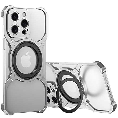 LOXO CASE Metallrahmenloses Hülle für iPhone 15 Pro Max/15 Pro/15, mit 360° Drehbarer Ständer, Militärischer Schutz, Stoßfest, Wärmeableitung,Silver,15 Pro von LOXO CASE
