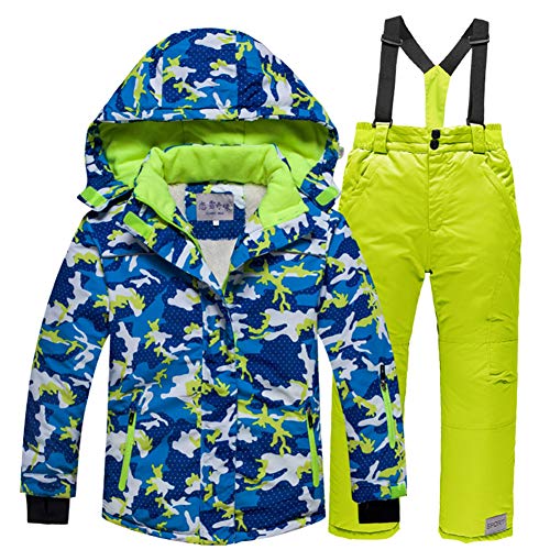 LPATTERN Kinder Jungen/Mädchen Skifahren 2 Teilig Schneeanzug Skianzug(Skijacke+ Skihose), Blau Jacke+ Grün Trägerhose, Gr. 146(Herstellergröße: 142-150/14) von LPATTERN