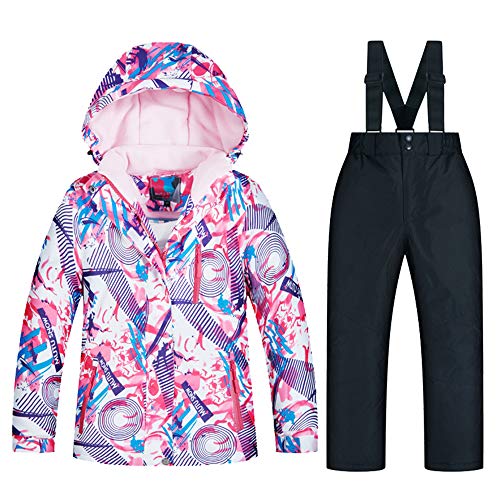 LPATTERN Kinder Jungen/Mädchen Snowboard & Skifahren Bekleidung Zweiteilig Skianzug Schneeanzug Outfit-Set Winddicht Wasserdicht (Skijacke+ Skihose mit Trägern), Mädchen 5+Schwarz, 122-128(Label:10) von LPATTERN