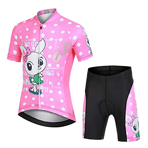 LPATTERN Kinder Radsport Bekleidung- Jungen/Mädchen Fahrrad Trikot-Set(Trikot Kurzarm+Kurz Radhose)/Radtrikot Kurzarm/Kurz Fahrradhose mit Sitzpolster,Hase Mädchen auf Rosa(Anzug),110/116(Tag:S) von LPATTERN