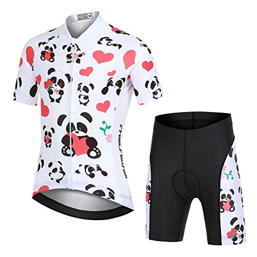 LPATTERN Kinder Radsport Bekleidung- Jungen/Mädchen Fahrrad Trikot-Set(Trikot Kurzarm+Kurz Radhose)/Radtrikot Kurzarm/Kurz Fahrradhose mit Sitzpolster,Panda Rot Herz(Anzug),146/152(Tag:XL) von LPATTERN