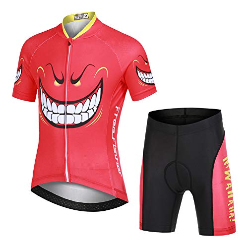 LPATTERN Kinder Radsport Bekleidung- Jungen/Mädchen Fahrrad Trikot-Set(Trikot Kurzarm+Kurz Radhose)/Radtrikot Kurzarm/Kurz Fahrradhose mit Sitzpolster,Rot Monster(Anzug),122/128(Tag:M) von LPATTERN