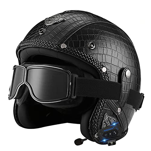 Bluetooth Jethelm mit Visier Retro Pilotenhelm Qualität nach ECE-Norm Roller-Helm für Frauen und Herren im Vintage-Look, Motorrad-Helm mit Schutzbrille E,L von LPXPLP