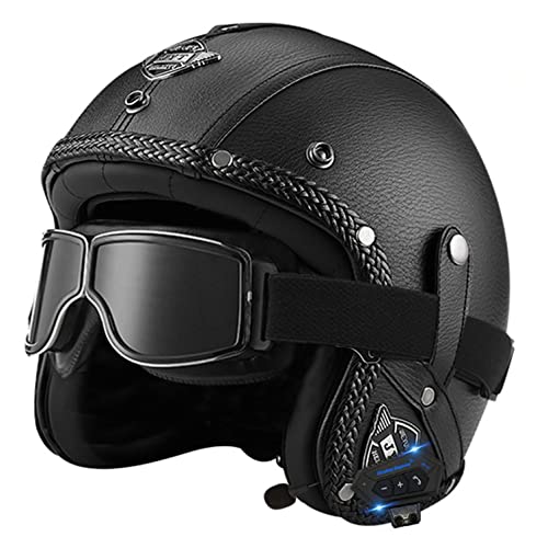 Bluetooth Jethelm mit Visier Retro Pilotenhelm Qualität nach ECE-Norm Roller-Helm für Frauen und Herren im Vintage-Look, Motorrad-Helm mit Schutzbrille F,L von LPXPLP