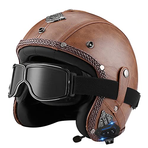 Bluetooth Jethelm mit Visier Retro Pilotenhelm Qualität nach ECE-Norm Roller-Helm für Frauen und Herren im Vintage-Look, Motorrad-Helm mit Schutzbrille J,XXL von LPXPLP