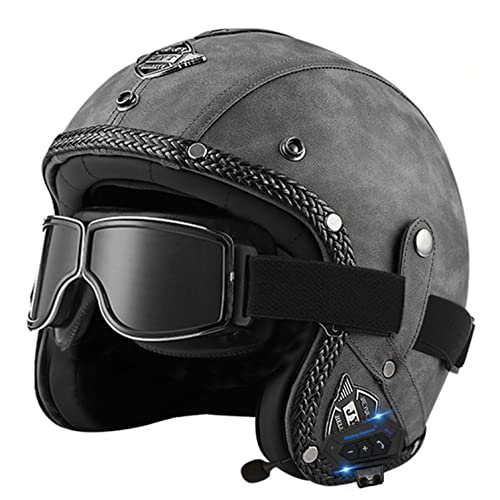 Bluetooth Jethelm mit Visier Retro Pilotenhelm Qualität nach ECE-Norm Roller-Helm für Frauen und Herren im Vintage-Look, Motorrad-Helm mit Schutzbrille N,L von LPXPLP