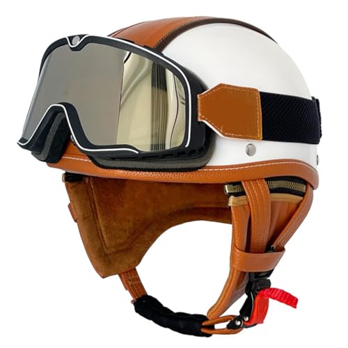 Retro Oldtimer Halbschale Jethelm Brain-Cap Motorrad-Helm DOTECE-Zulassung Rollerhelm Cruiser Chopper Motorradhelm Halbschalenhelm Mit Brille Offener Helm Für Damen Herren 2,S:55-56CM von LPXPLP