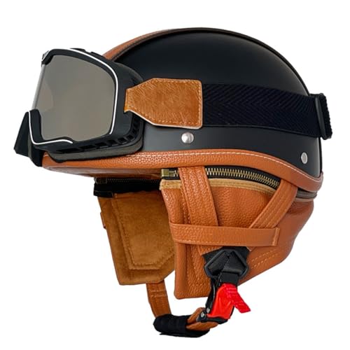 Retro Oldtimer Halbschale Jethelm Brain-Cap Motorrad-Helm DOTECE-Zulassung Rollerhelm Cruiser Chopper Motorradhelm Halbschalenhelm Mit Brille Offener Helm Für Damen Herren 3,XL:61-62CM von LPXPLP
