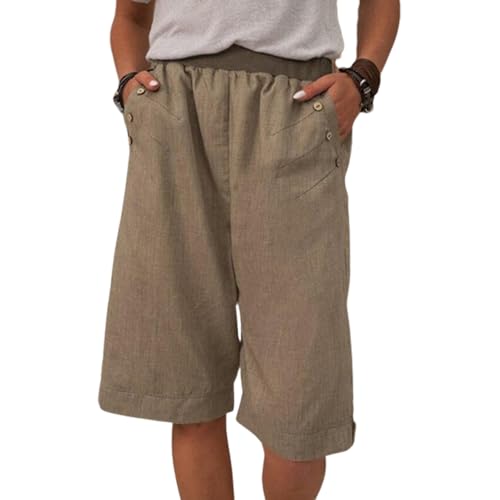 Damen-Shorts aus Baumwolle und Leinen mit Taschen, knielange Trainingsshorts aus Leinenstretch mit hohem Bund (3X-Large,Brown) von LRREU