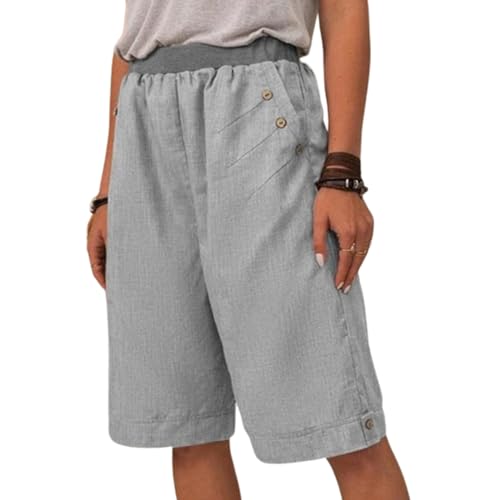 Damen-Shorts aus Baumwolle und Leinen mit Taschen, knielange Trainingsshorts aus Leinenstretch mit hohem Bund (3X-Large,Gray) von LRREU