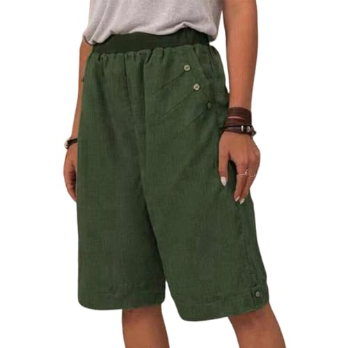 Damen-Shorts aus Baumwolle und Leinen mit Taschen, knielange Trainingsshorts aus Leinenstretch mit hohem Bund (3X-Large,Green) von LRREU