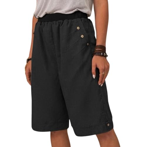 Damen-Shorts aus Baumwolle und Leinen mit Taschen, knielange Trainingsshorts aus Leinenstretch mit hohem Bund (4X-Large,Black) von LRREU