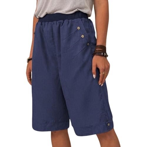 Damen-Shorts aus Baumwolle und Leinen mit Taschen, knielange Trainingsshorts aus Leinenstretch mit hohem Bund (4X-Large,Blue) von LRREU