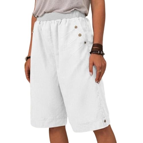 Damen-Shorts aus Baumwolle und Leinen mit Taschen, knielange Trainingsshorts aus Leinenstretch mit hohem Bund (4X-Large,White) von LRREU