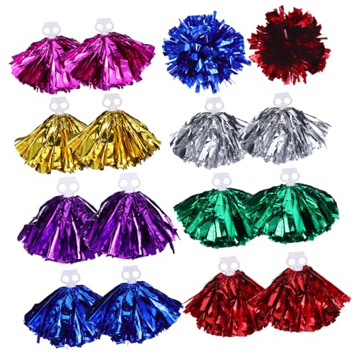 LRXIYODE 7 Paare Cheer Pom Poms mit Fingerring Weiche Pet Kunststoff Pompons Langlebig und Farbecht Vielseitig für Cheerleading Sport Party und Tanz Bunte Metallic Farben von LRXIYODE