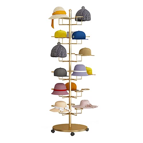 LSDFW Robuster Perücken- oder Hutständer, freistehend, moderner mobiler Hut-Organizer aus Metall für mehrere Hüte mit feststellbaren Rädern (Farbe: Gold, Größe: 6 Ebenen) Hello von LSDFW