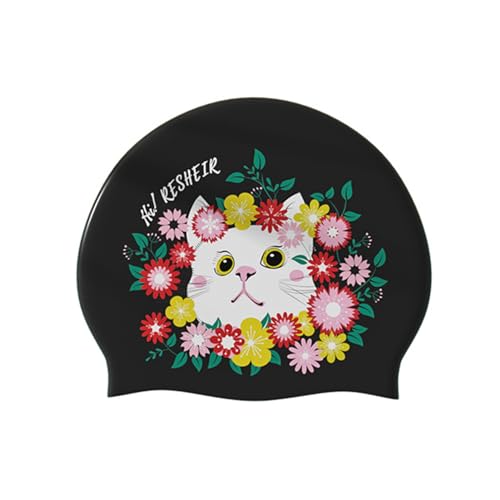 Niedliche Silikon-Badekappe mit Kätzchen- und Blumendruck, leicht zu tragen, schützt die Ohren, weiß/schwarzes Katzenmuster für Frauen (schwarz) von LSFWJP