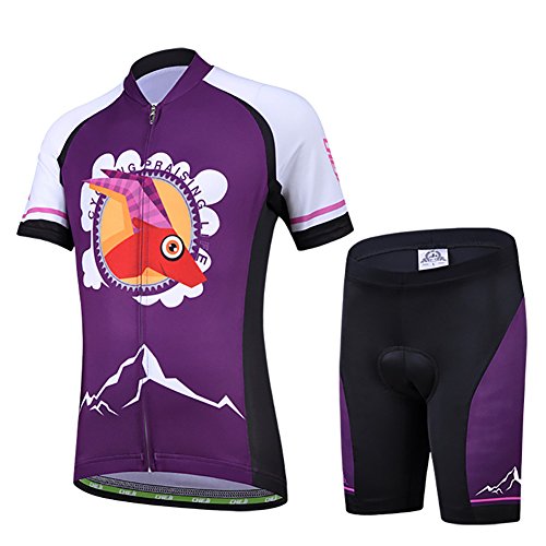 LSHEL Kinder Jungen Fahrradbekleidung Set Mädchen Atmungsaktive Trikot Kurzarm & Radhose mit 3D Sitzpolster MTB Radsportanzug, Violett, 134/140(Herstellergröße: XL) von LSHEL