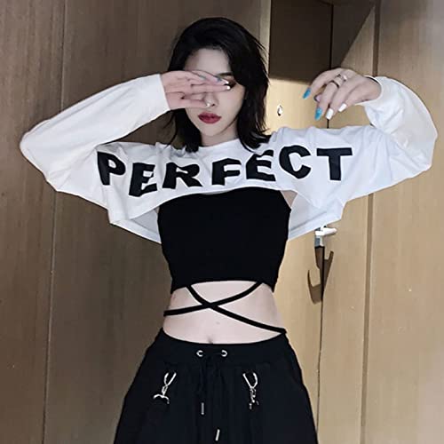 2 Pieces Sets Women Summer Fashion Letter Printing Slim Bandage Sexy Korean Style Lady All-Match Crop Tops Spaghetti Strap Camis,White Sets,S von LSJSN