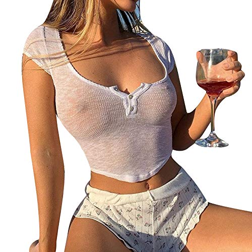 Frauen Sexy Transparente T-Shirts Crop Top Sommermode V-Ausschnitt Knöpfe Kurzarm Kurz Pullover T-Shirts S Weiß von LSJSN