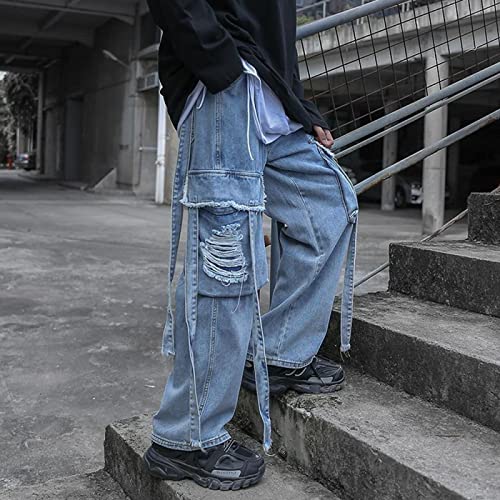 LSJSN Baggy Jeans Ripped Jeans for Men Baggy Denim Trousers Male Punk Rave Goth Pants Cargo Jeans Streetwear Autumn Hip Hop,Blau,S von LSJSN