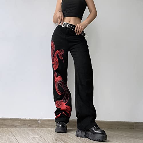 LSJSN Chinesischer Stil Vintage Drache Bedruckte Schwarze Baggy Jeans Streetwear Grunge Hose Mit Hoher Taille Damen Jeans Hip Hop Capris,Schwarz,M von LSJSN