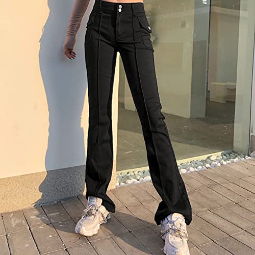 LSJSN Flare Jeans Damenhose Mit Niedriger Taille Vintage Ästhetische Jeanshose Streetwear Casual Korean Fashion Y2K Grunge Jogger,Schwarz,S von LSJSN