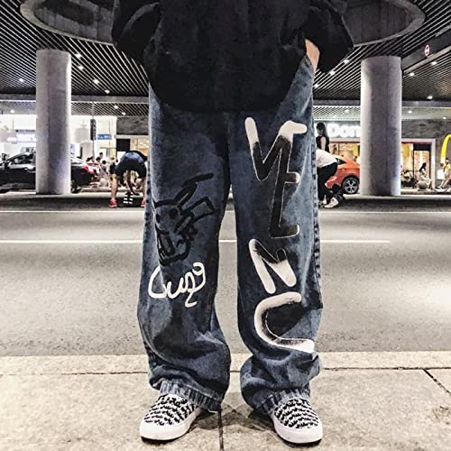 LSJSN Herren Streetwear Harajuku Vintage Alt Jeans Graffiti Wide Leg Baggy Straight Denim Pants Cartoon Hose Y2K Kleidung,Dunkelblau,M von LSJSN