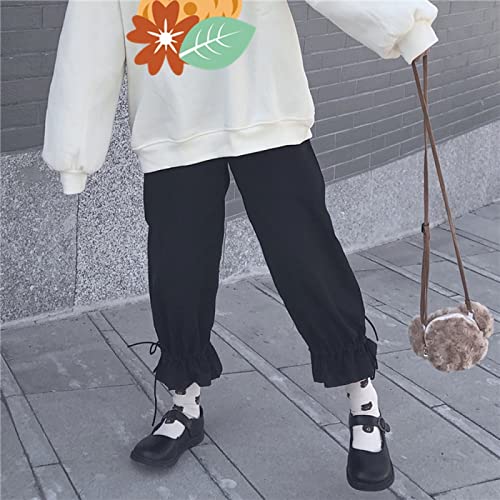 LSJSN Japanische Lolita-Art-Frühlings-Sommer-Frauen-Hosen-Hohe Taillen-Schwarz-Weiße Lose Weibliche Hose-Nette Kawaii-Süße Adrette Caprihose,Schwarz,Einheitsgröße von LSJSN