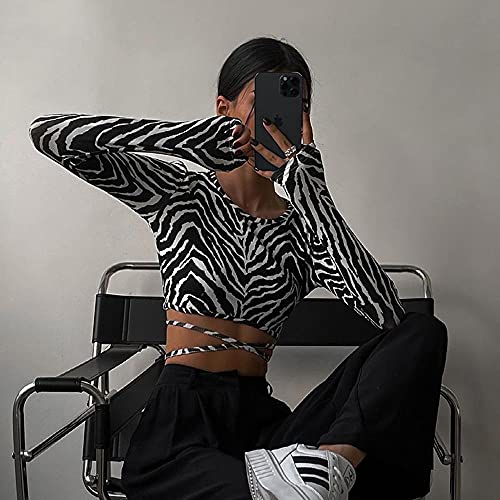 LSJSN Mode Elegante Sexy Backless Zebra Print Frauen Top Langarm Cropped Top T-Shirts Herbst Bandage Top Tees Slim-Zebra-Druck_S von LSJSN