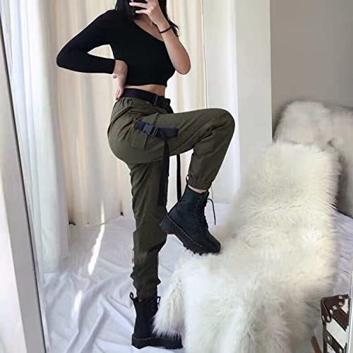 LSJSN Mode Frauen Self Belted Elastische Taille Cargohose Weibliche Lose Streetwear Hosen Casual Plus Size Korean Style Hose,Armeegrün,XL von LSJSN