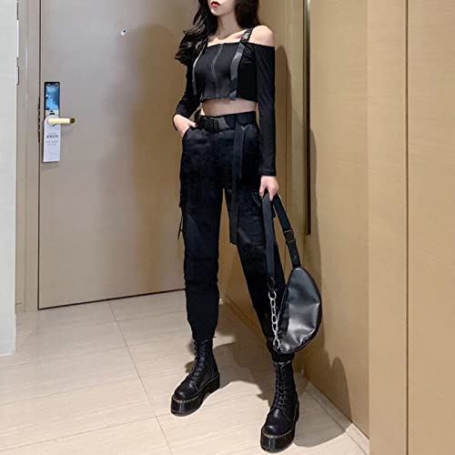 LSJSN Mode Frauen Self Belted Elastische Taille Cargohose Weibliche Lose Streetwear Hosen Casual Plus Size Korean Style Hose,Schwarz,L von LSJSN