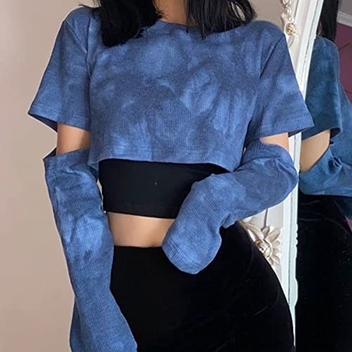 LSJSN Tie Dye T-Shirts Damen Blau Abnehmbare Ärmel Trendy Korean Style Chic Club Streetwear Beliebte Damen Crop Top Ins Sexy Slim Cozy,Blau,S von LSJSN