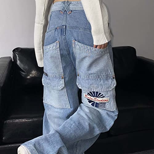 LSJSN Vintage Cargo Jeans Damen Y2K Hip Hop Baggy Wide Leg Denim Hose Lässig Lose Harajuku Hose 90Er Jahre Streetwear Taschen,Blau,M von LSJSN