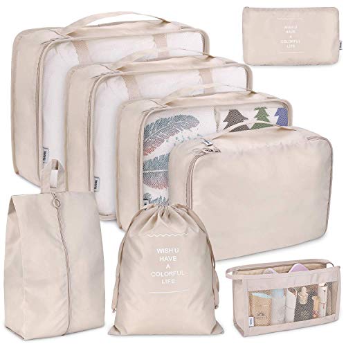 Reise-Verpackungswürfel, 8-teiliges Set Reisewürfel, faltbare Gepäckaufbewahrungstasche, leichte Gepäckaufbewahrungstasche (Beige) von LSLANSOON
