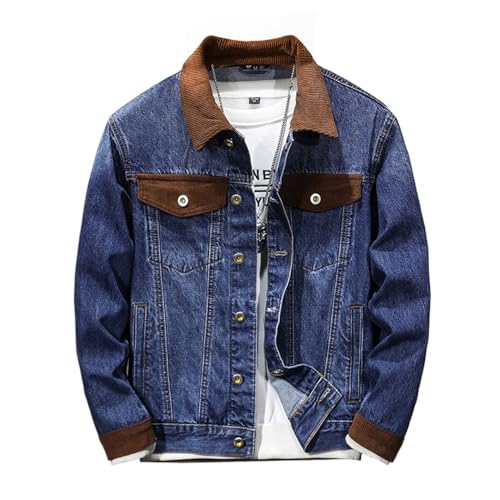 Herren Jeansjacke Patchwork Cord Blau Gewaschene Denim Motorradjacke Leichte Bikerjacke mit Stehkragen (Brauner Kragen, XL) von LTHTX