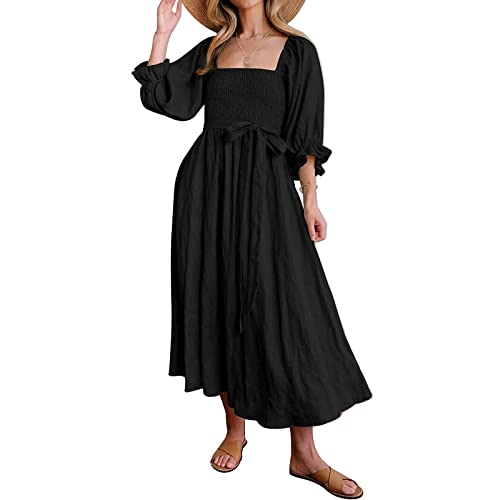 LTHTX French Ruffled Lantern Sleeves Multi-wear Dress, Elastic Belt Retro Sleeve Reversible Dress Maxi Elegant Dresses for Women (Black,XL) von LTHTX