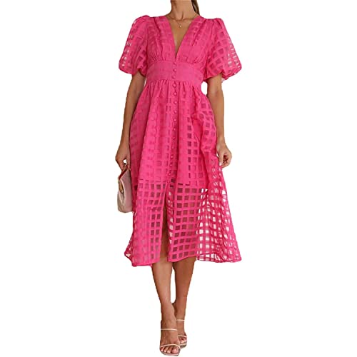 LULAND Quadratisch gemustertes Stoffkleid mit Puffärmeln, Sommerkleid mit tiefem V-Ausschnitt für Damen (Rose,Medium) von LULAND