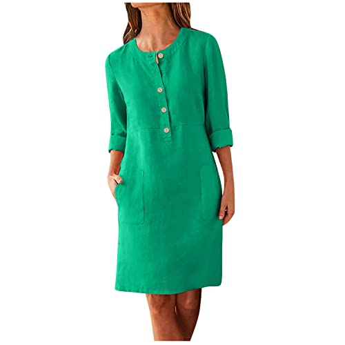 Chiffonkleid Damen FestlichSommerkleid Maxi 5Er Jahre Outfit Einfarbig Baumwolle Leinen Hemdkleid Mit Tasche Button Down Rundhals Langarm Knielang Strandkleid von LUNULE