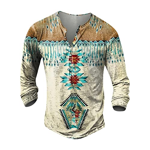 Herren Hemd Langarm Mantel Herren tshirt herren langarm 3D Druck Henley Shirt Freizeit Distressed Henley Hemd Indian Tribal Langarmshirt Knopfleiste V-Ausschnitt Sportshirt Outdoor Tactical Tshirts von LUNULE