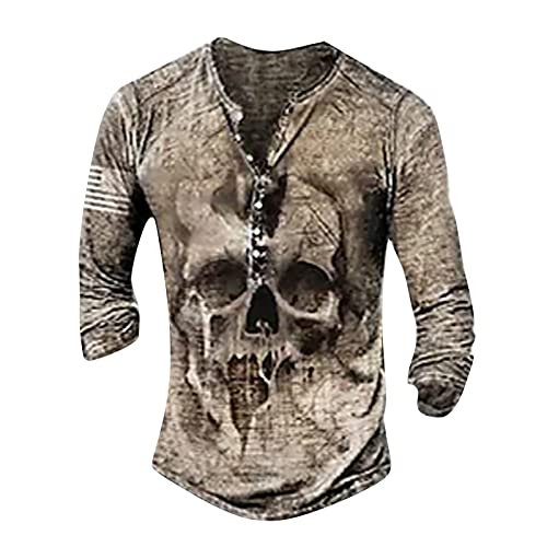 Herren Pullover Batik Shirt Weihnachts Hemd Retro Totenkopf Drucken Henley Shirt V-Ausschnitt Freizeithemd Gotisch Lustig 3D Druck Sweatshirt Mit Knöpfe Khaki 4XL von LUNULE