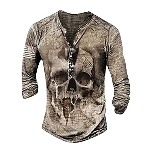 Herren Pullover T Shirt Herren Langarm Jacke Herren Retro Totenkopf Drucken Henley Shirt V-Ausschnitt Freizeithemd Gotisch Lustig 3D Druck Sweatshirt Mit Knöpfe Light Gray XL von LUNULE