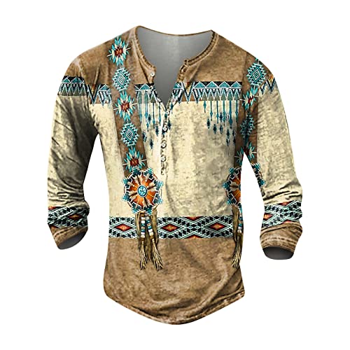 Hoodie Herren Fleece Pullover Herren tshirt langarm herren 3D Druck Henley Shirt Freizeit Distressed Henley Hemd Indian Tribal Langarmshirt mit Tasten Sportshirt Outdoor Tactical Tshirts Khaki XL von LUNULE