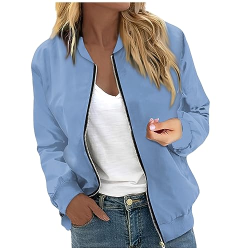 Jacke Damen Sommer Bikerjacke Einfarbig Kurz Coat Leicht Luftig Blouson Mit Reißverschluss Casual Jeansjacke Oversize Sweatjacke Schwarz(Sky Blue,L) von LUNULE