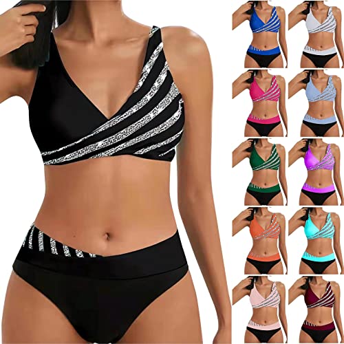 LUNULE Bikini Damen Set, Zweiteiler Damen Elegant Neckholder Top Breites Unterbrustband Bademode Zweiteiliger Badeanzug V Ausschnitt Blitzangebote des Tages Bikinihosen Für Damen(Black,M) von LUNULE